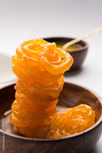 Photography Stock photo of Jalebi or Jilbi or imarati, indian sweet food fried in pure ghee,