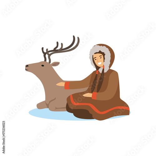 Eskimo, Inuit, Chukchi woman in traditional costume sitting with her deer, northern people, life in the far north vector Illustration