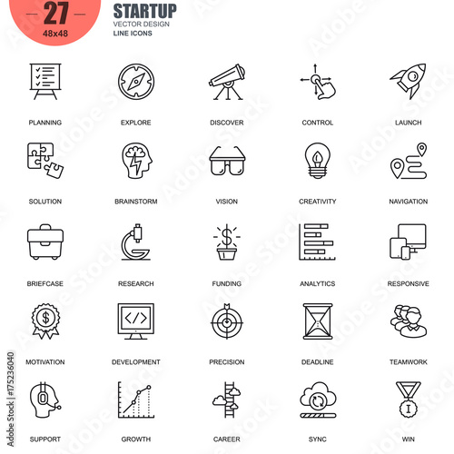 Simple Set of Startup Related Vector Line Icons. Contains such Icons as Planning, Navigation, Analytics, Funding, Teamwork, Research Market and more. Editable Stroke. 48x48 Pixel Perfect.