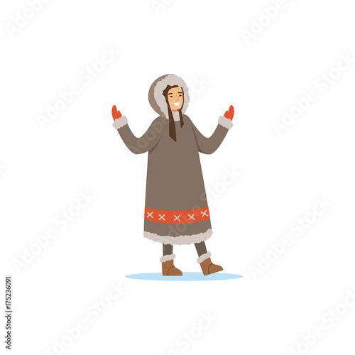 Smiling Eskimo, Inuit, Chukchi woman in traditional costume, northern people, life in the far north vector Illustration