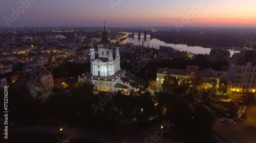 St. Andrew's Church (Kiev) Ukraine. Aerial photography of the church on the hem. Cityscape from a height. City panorama of Kiev. Andreevsky spusk city Kyiv. photo