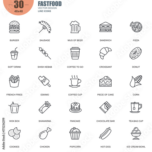 Simple Set of Fastfood Related Vector Line Icons. Contains such Icons as Burger, Sausage, Sandwich, Pizza, French Fries, Hot-dog and more. Editable Stroke. 48x48 Pixel Perfect.