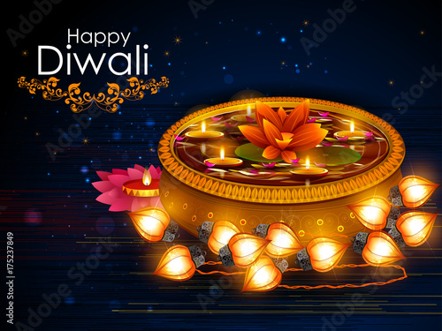 Illustration of decorated diya for Happy Diwali holiday background
