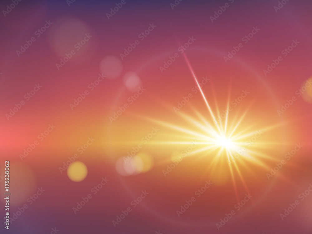 Naklejka premium Flash of bright soft light with rays and bokeh realistic vector on gradient warm red background. Abstract dazzling blurry glowing, fire explosion, far star, lighting flare with halo, sunlight effect