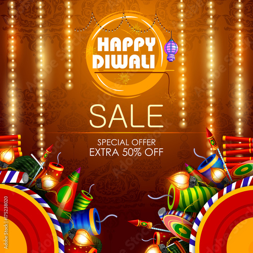 Decorated diya with cracker for Happy Diwali holiday  shopping sale offer background