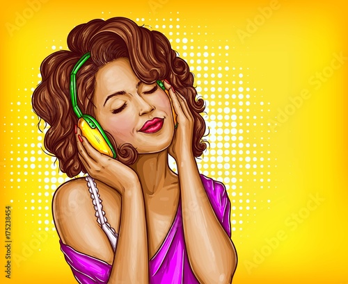 Young pretty woman in vintage headphones listening music with closed eyes pop art vector illustration on dotted background. Curly girl music lover relaxing when enjoying her favorite song. Copyspace