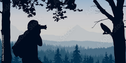 View of a man taking a bird sitting in a tree with a mountain landscape with woods in the background under a blue-gray cloudy sky