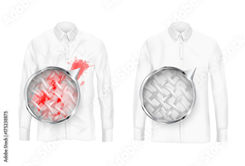 Pare of dirty and clean white shirts with magnifying glass showing fabrics fiber before and after washing or detergent use realistic vector isolated on white background. Clothing deep cleaning concept