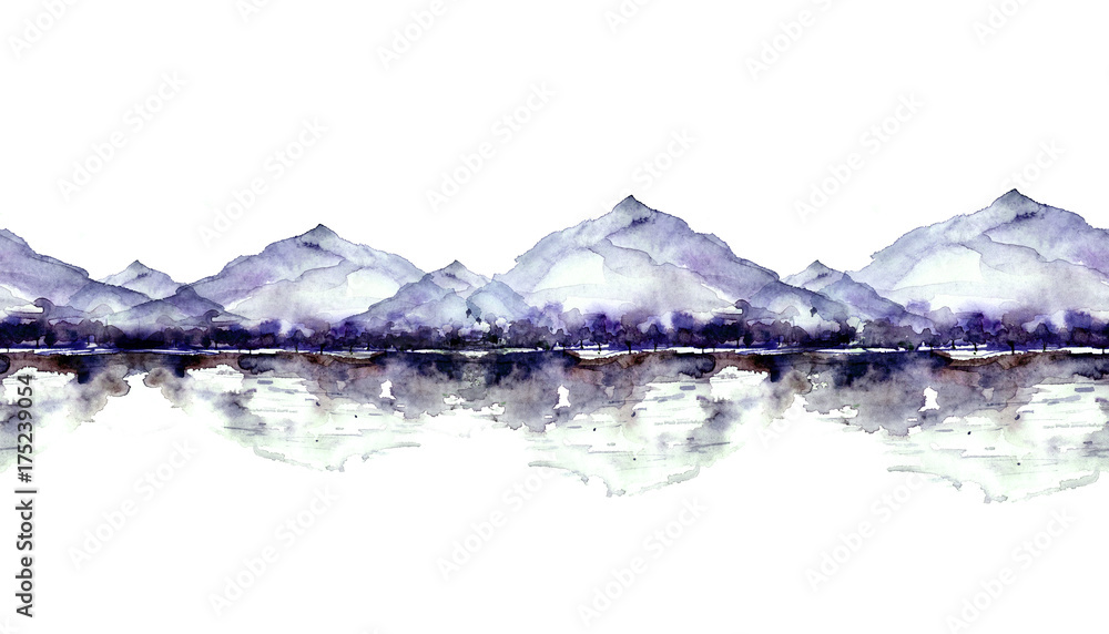 Fototapeta premium Akwarela liniowy wzór, obramowanie. niebieski, fioletowy, górski krajobraz bzu, rzeka, las i odbicie w wodzie, sylwetka drzew. Na białym tle odizolowane. Vintage rysunek