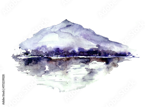 Watercolor drawing with a mountain landscape, a river, a forest and a reflection in the water. The peak of the mountain, the rock, the canyon. On white isolated background. Postcard, picture, logo.