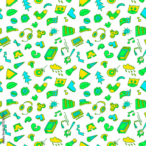 Abstract seamless pattern with many items. Background with different objects.