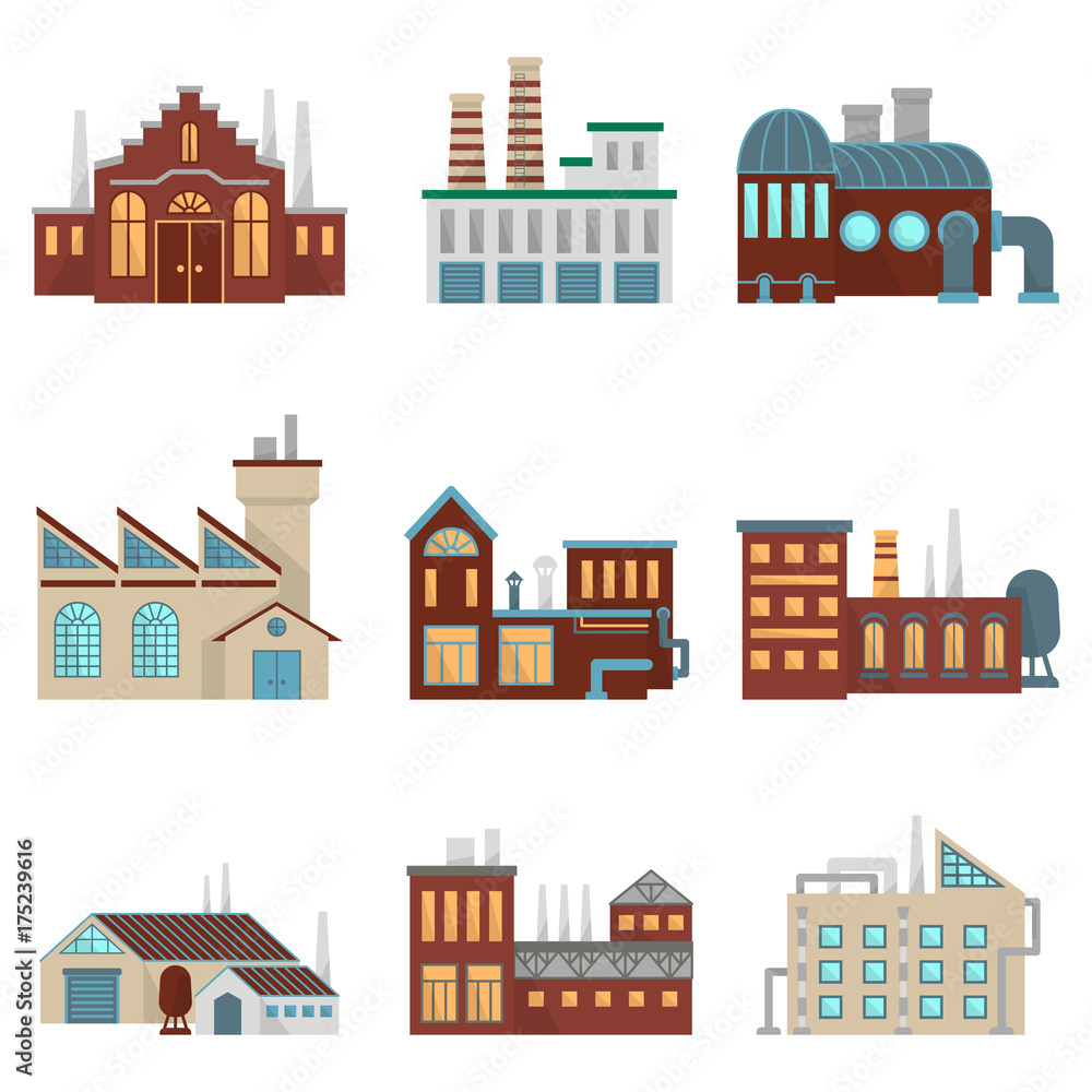 Industrial factory buildings with pipe and bad environment. Vector eco symbols