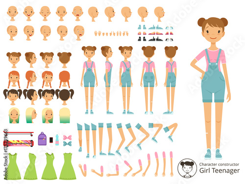 Young smile girl casual style. Mascot creation kit with different body parts. Vector cartoon constructor