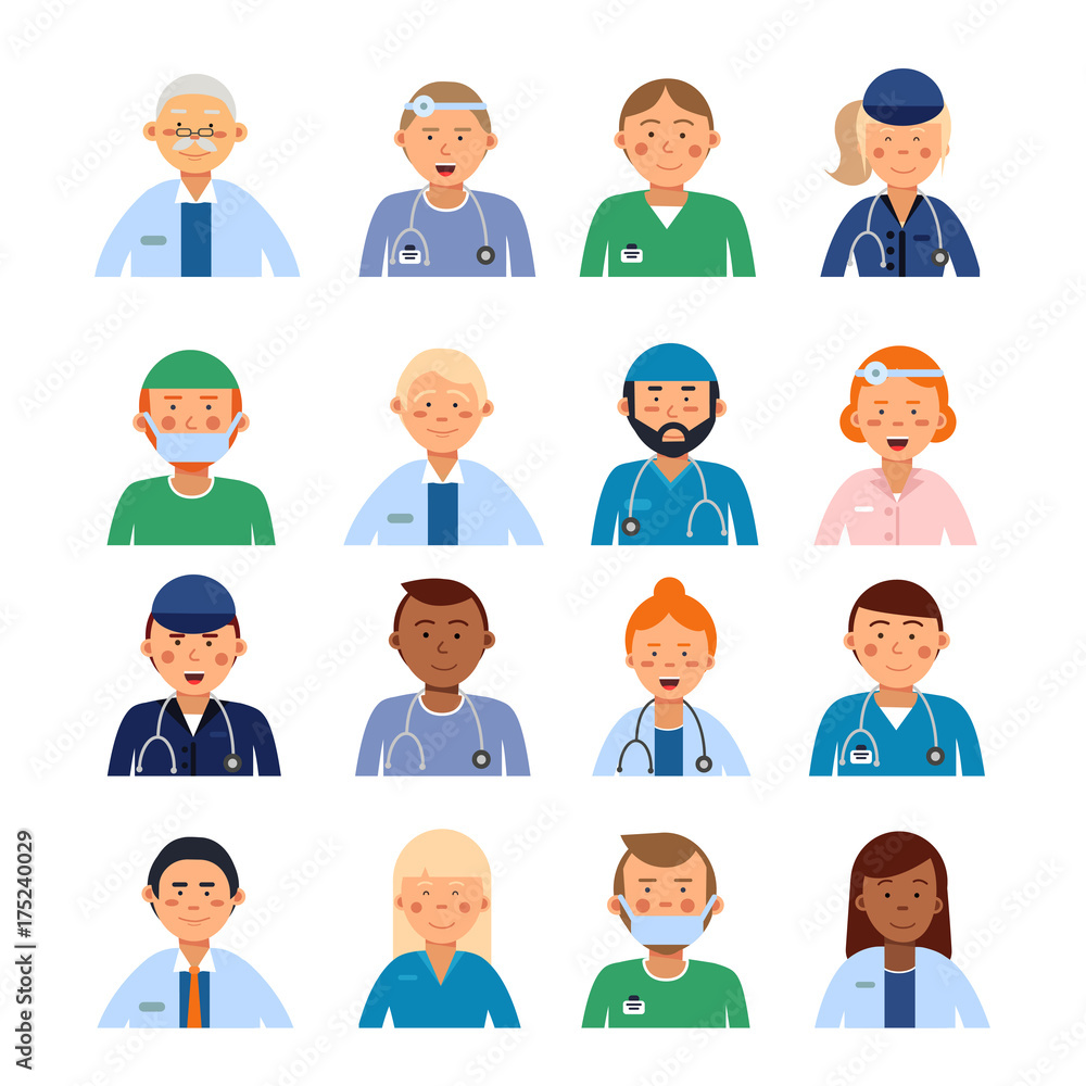 Male and female medical characters in different professional clothes. Peoples in hospital avatar set Male and female medical characters in different professional clothes. Peoples in hospital avatar set