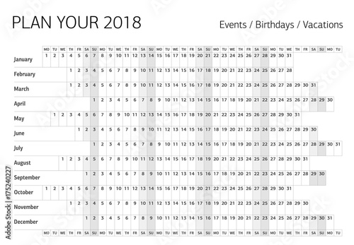 2018 all year wall planner. Template for filling.