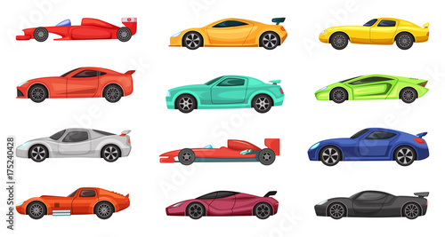 Different sport cars isolated on white. Vector illustrations of racers on road