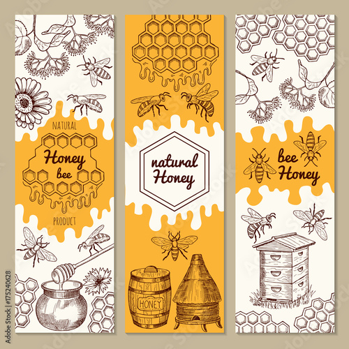 Banners with honey product pictures. Bee, honeycomb. Vector illustrations