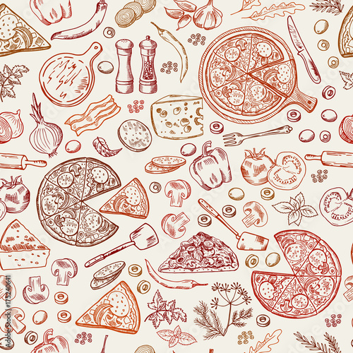 Seamless pattern with classical italian foods. Hand drawn illustrations of pizza