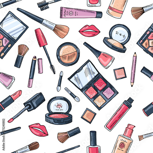 Makeup seamless pattern. Illustrations of different cosmetics
