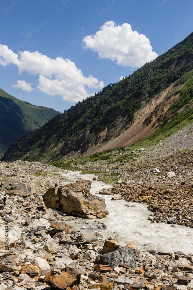 River near Chalaadi glacier in Caucasus mountains in summer