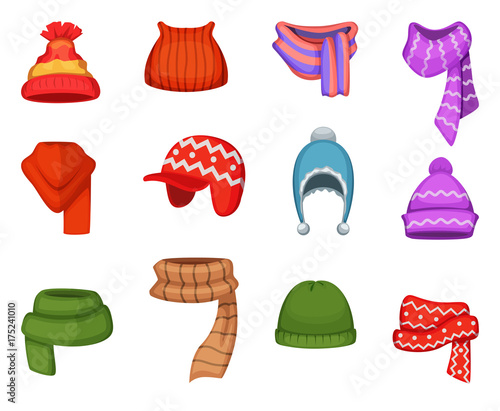 Set of winter scarfs and caps with different colors and styles