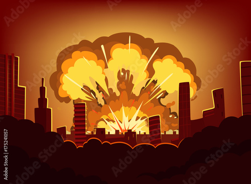 War and damages after big explosion in the city. Monochrome urban landscape with burn sky after atomic bomb