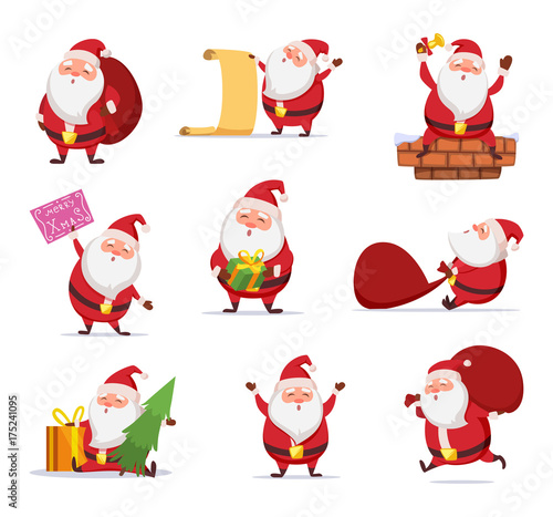 Christmas characters of funny santa in dynamic poses. Vector mascot design in cartoon style