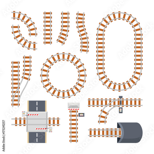 Different train constructions and top view of rail road. Vector constructor