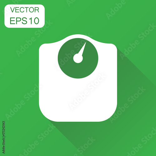 Bathroom scale weigher icon. Business concept weigher, balance sign pictogram. Vector illustration on green background with long shadow.