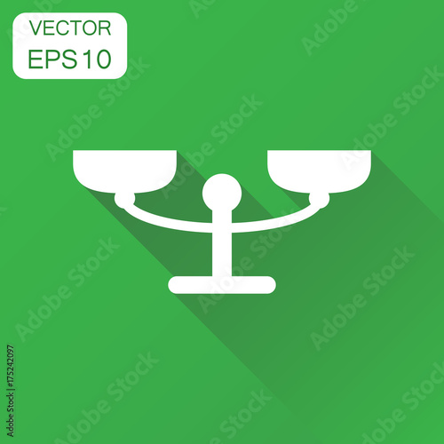 Scale weigher icon. Business concept weigher, balance sign pictogram. Vector illustration on green background with long shadow.