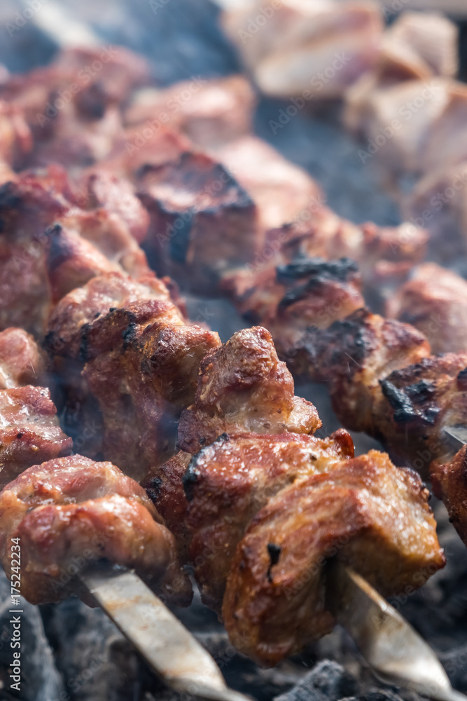 Cooking shashlik in the forest. Grilling pork on coal with smoke, mtsvadi, barbecue Cooking shashlik in the forest. Grilling pork on coal with smoke, mtsvadi, barbecue