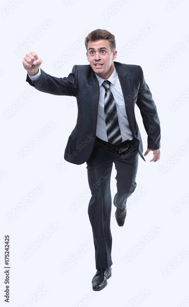 businessman runs forward stretching out his hand