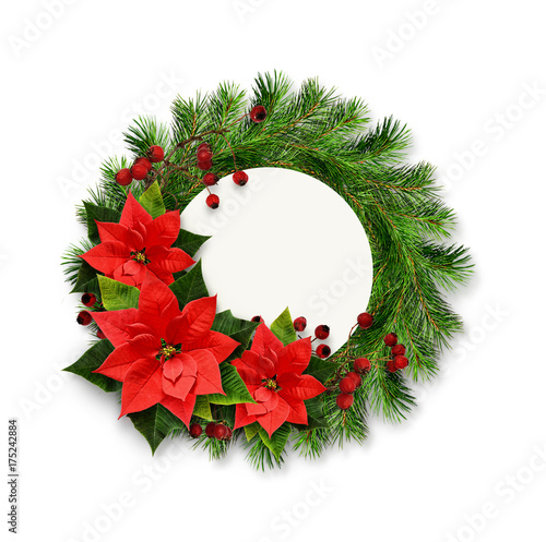 Christmas wreath from pine twigs, berries and ponsettia flowers with copy space for text photo