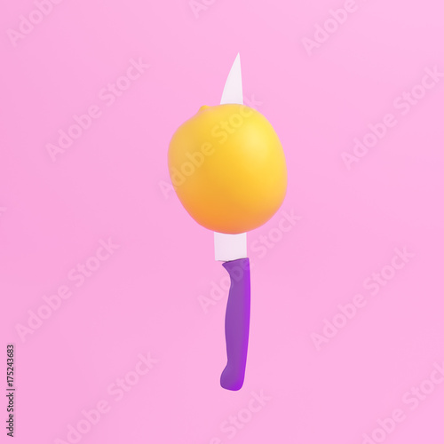 Creative Concept : lemon impaled on stainless kitchen knives on pink background. minimal food idea concept. used for graphic design and website.