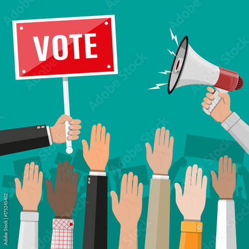 Raised up hands. People vote hands.