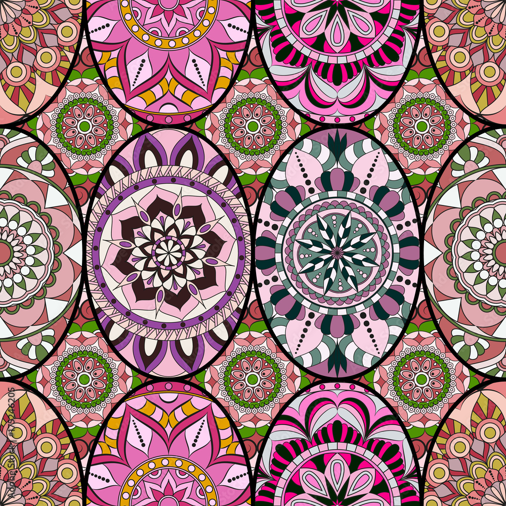 Seamless pattern tile with mandalas. Vintage decorative elements. Hand drawn background. Islam, Arabic, Indian, ottoman motifs. Perfect for printing on fabric or paper.