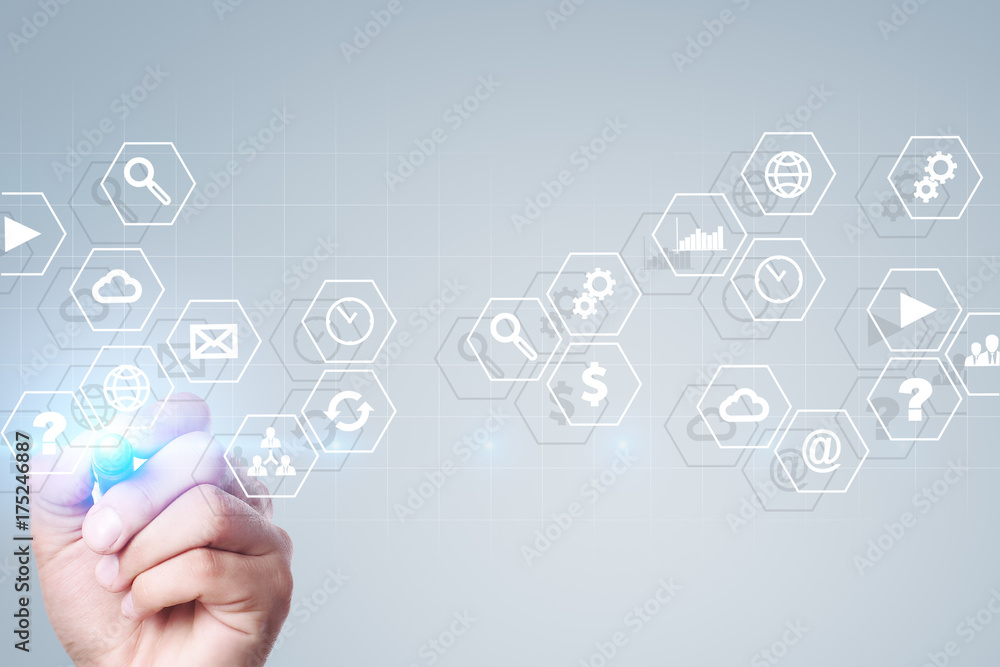 Virtual screen interface with applications icons. APPS. Work Business process in modern office. Strategy planning Internet technology concept. Virtual screen interface with applications icons. APPS. Work Business process in modern office. Strategy planning Internet technology concept.