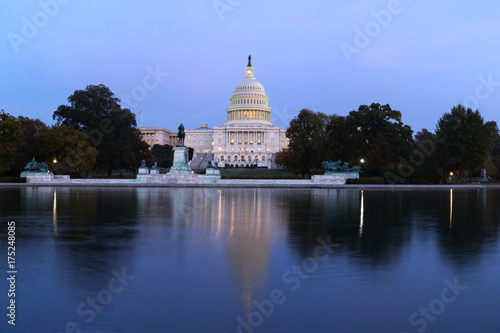 The United States capitol builing on evening. View from the reflection pool. Washington D.C., U.S.A.