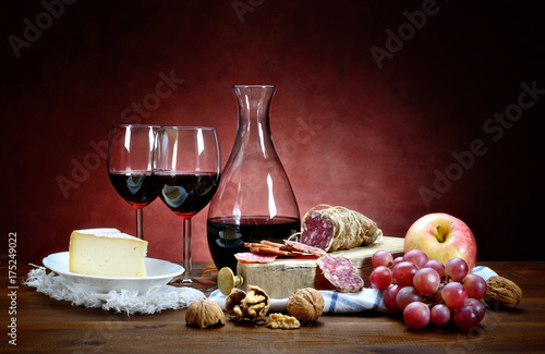 Salami, cheese, grapes and red wine