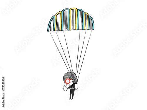 Little girl reading in a parachute made with books. Hand drawn vector illustration
