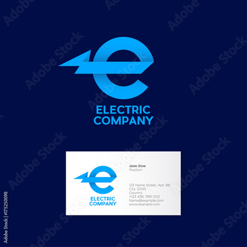 Electric company logo. Power emblem. Industrial logo. Business card. Identity. The letter "E" with lightning on a dark background. 