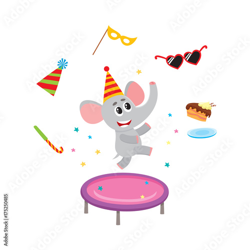 vector flat cartoon cheerful elephant character jumping on trampoline wearing party hat happily smiling on background of party symbols. isolated illustration on a white background.