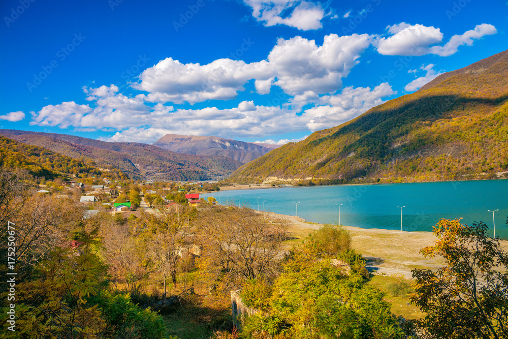 Mountain Lake. Beautiful autumn panoramic view of Zhinvali reservoir in Georgia country, Europe