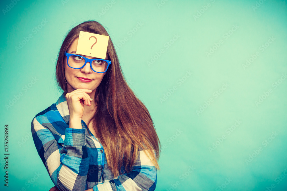 Thinking woman with big eyeglasses and light bulb Thinking woman with big eyeglasses and light bulb