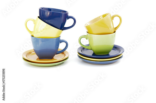 colored cups and plates