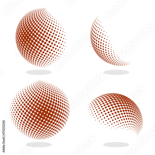 Abstract globe dotted sphere, 3d halftone effect vector background. Color set of vector illustration.