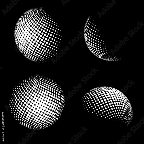 Abstract Globe Dotted Sphere. 3d Halftone Effect Vector Background. Black and White Set of Vector Illustration.
