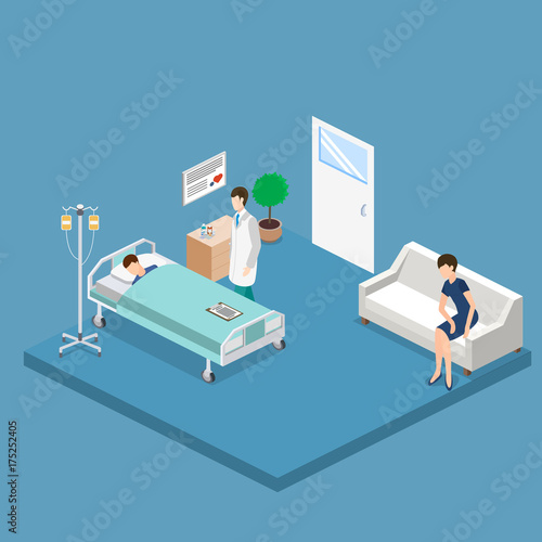 Isometric 3D vector illustration interior of hospital room with patient and doctor.