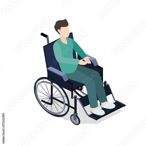 Isometric 3D vector illustration patient on a wheelchair.