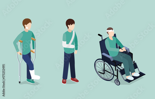 Isometric 3D vector illustration sick patients with fractures and wheelchair
